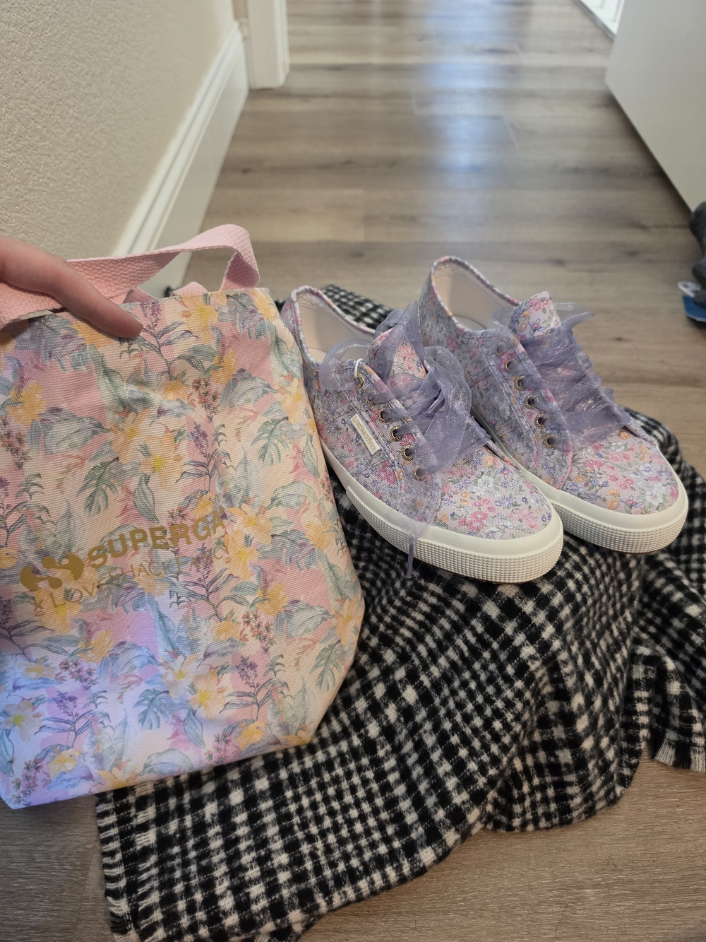 LoveShackFancy Lavender Floral Canvas Sneakers with Sheer Ribbon Laces